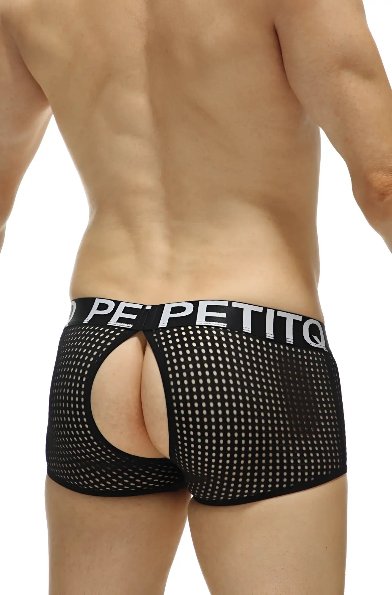 Black mesh boxer briefs with white petitq logo on waistband from petitq anzex durtol black collection