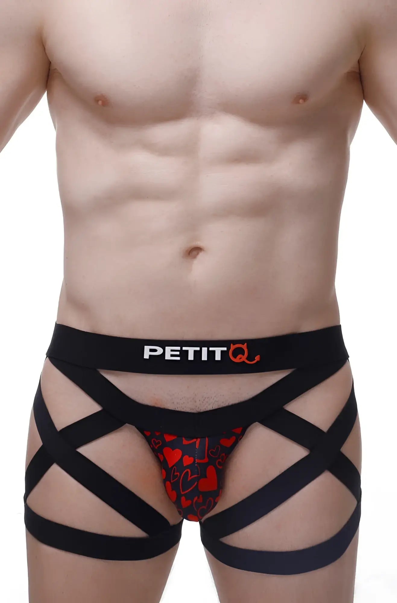 Black strappy men’s boxer briefs with red heart pattern and petitq logo on waistband king of hearts design