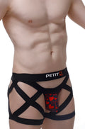 Black strappy men’s underwear with red heart pattern and petit branding called petits boxer blost king of hearts