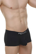 Black boxer brief dome skine snug fit men’s briefs with white logo on waistband in black fabric