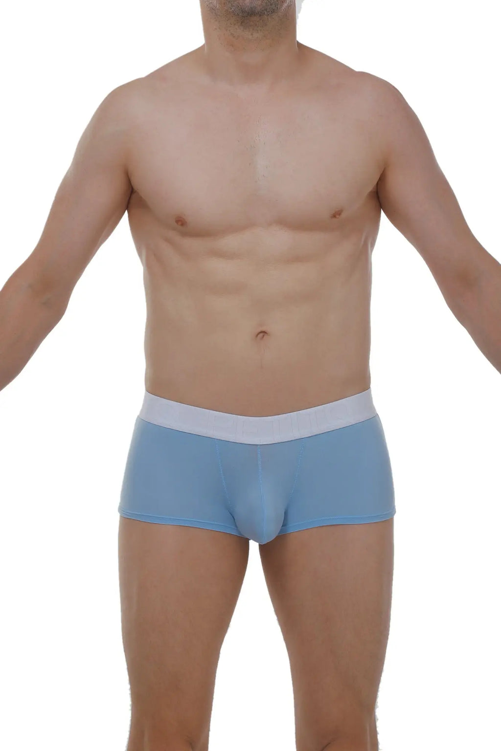 Light blue petitq boxer brief dome skine made of soft fabric with contrasting white waistband for men