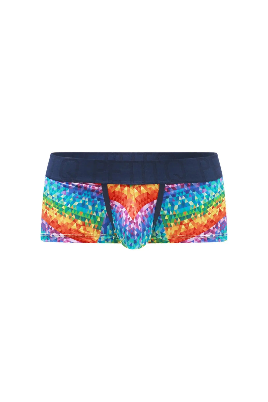 PetitQ boxer brief kaleidoscope rainbow-colored geometric patterned men’s briefs with navy blue waistband