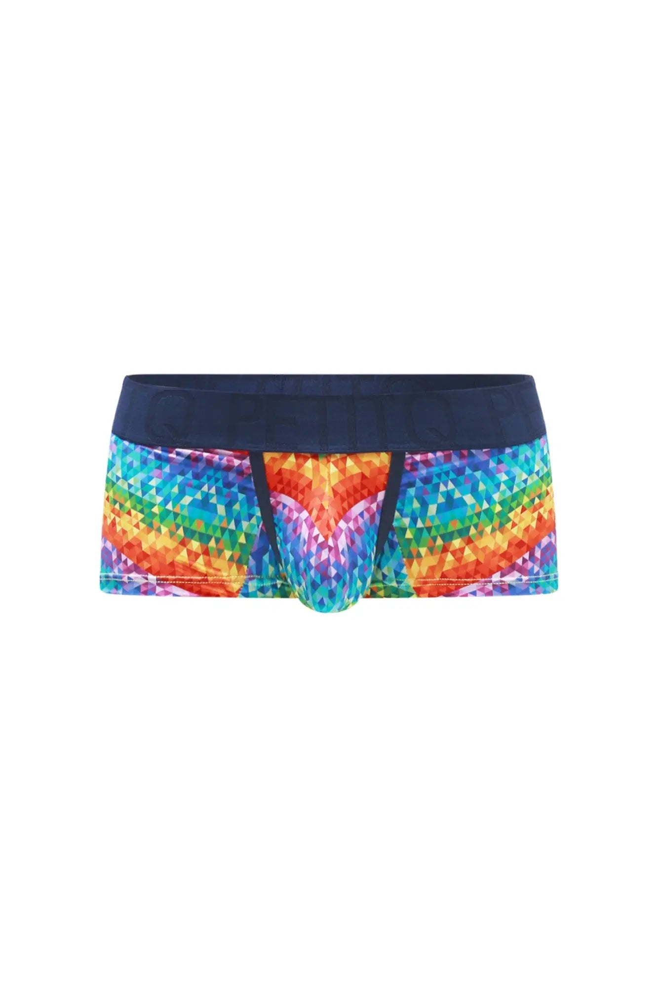 PetitQ boxer brief kaleidoscope rainbow-colored geometric patterned men’s briefs with navy blue waistband