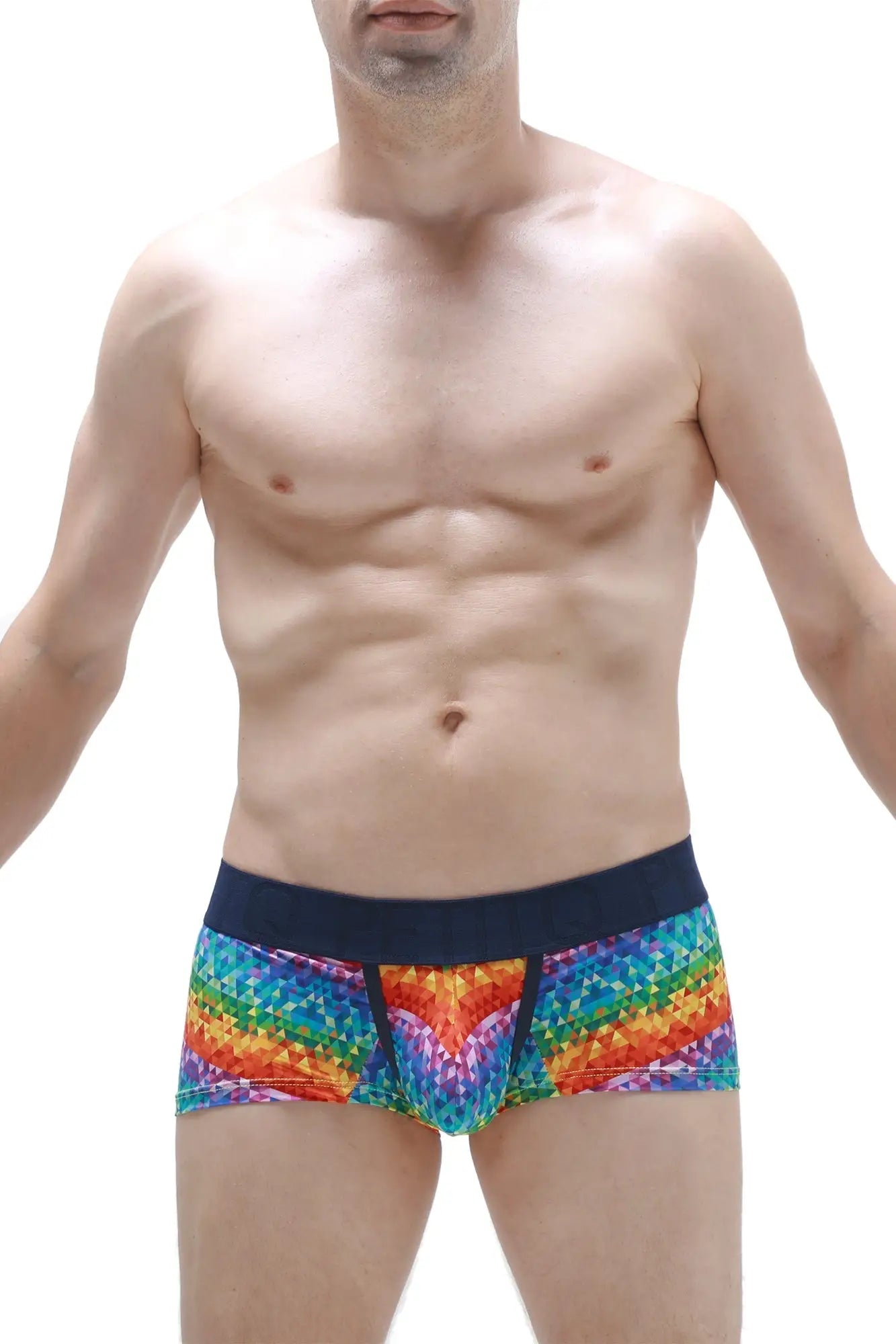 PetitQ boxer brief kaleidoscope rainbow-colored geometric patterned men’s underwear with solid navy waistband