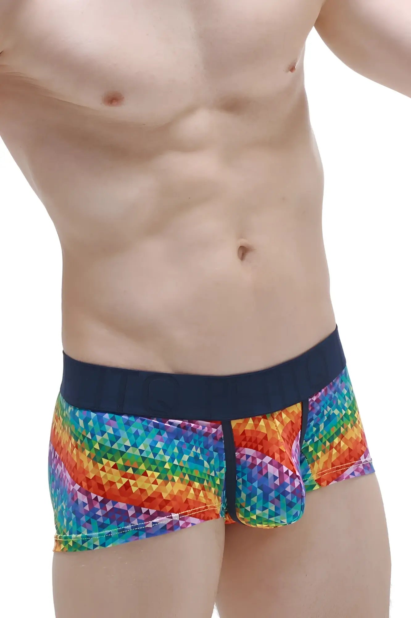 PetitQ boxer brief Kaleidoscope men’s briefs with rainbow geometric pattern and solid navy waistband