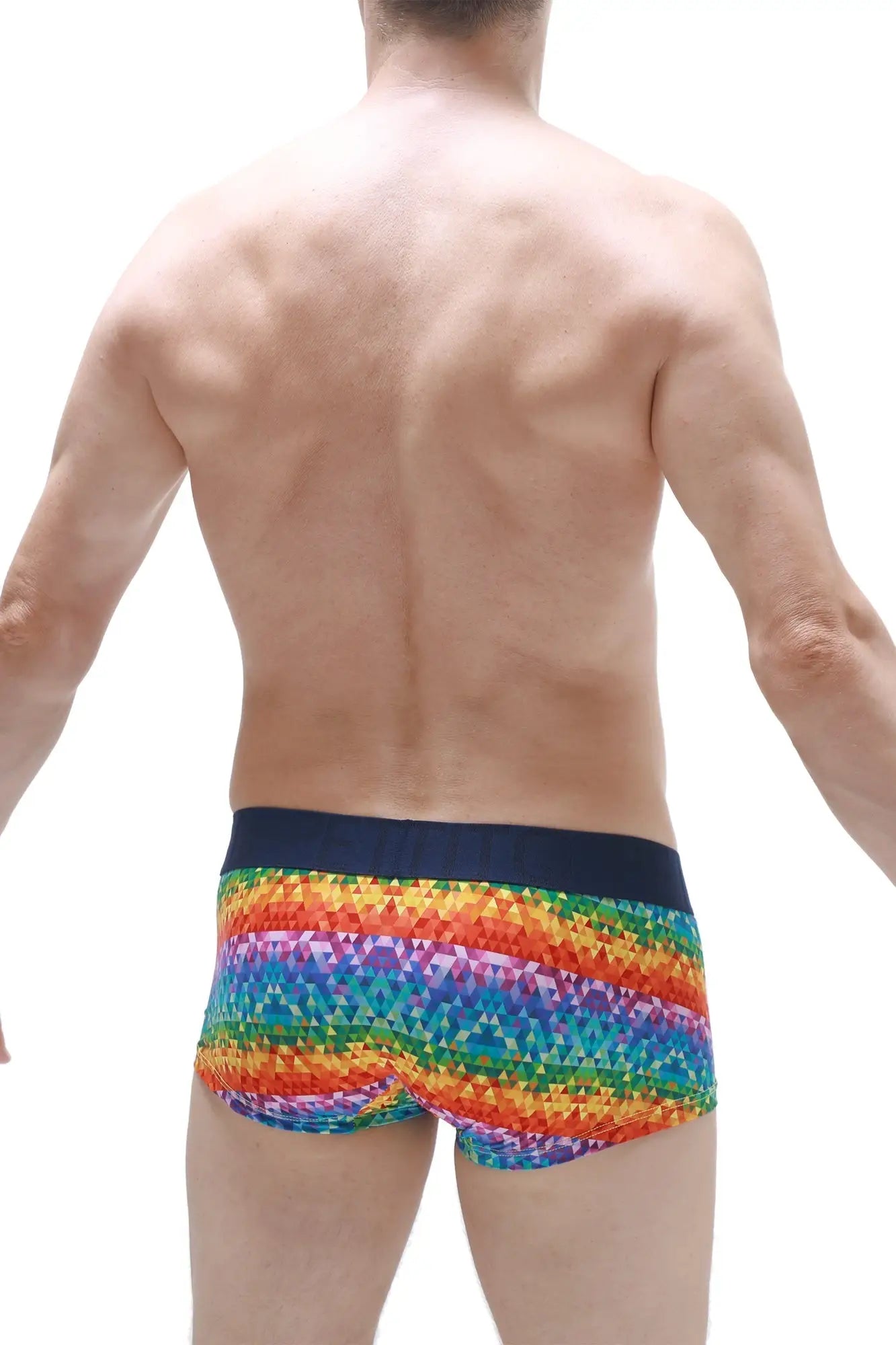 PetitQ boxer brief kaleidoscope rainbow-colored geometric patterned men’s briefs with solid navy waistband