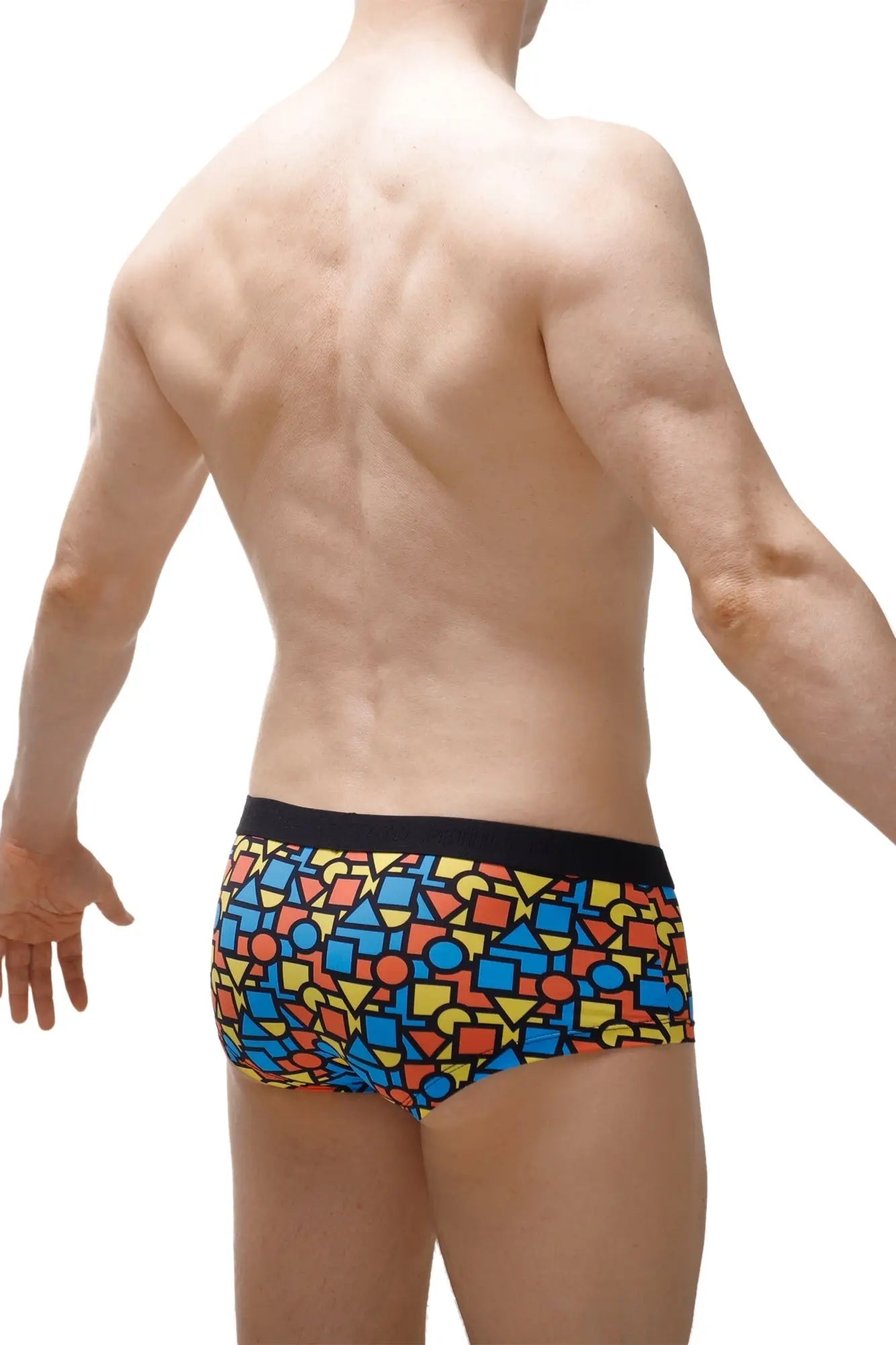 Vibrant geometric-patterned petitq boxer brief mondi men’s briefs with bold black waistband for comfortable wear