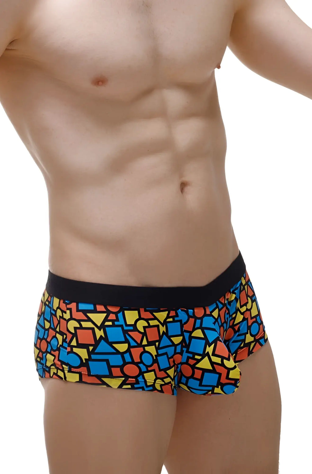 PetitQ boxer brief Mondi vibrant geometric patterned men’s swim trunks with black waistband for swimming use