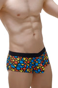PetitQ boxer brief Mondi vibrant geometric patterned men’s swim trunks with black waistband for swimming use
