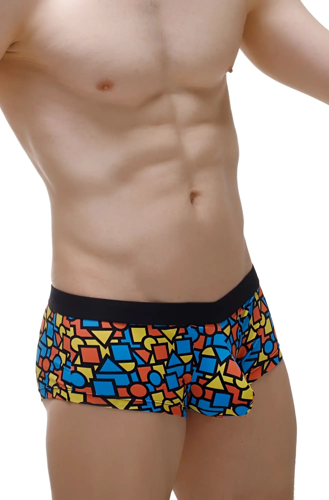 PetitQ boxer brief Mondi vibrant geometric patterned men’s swim trunks with black waistband for swimming use