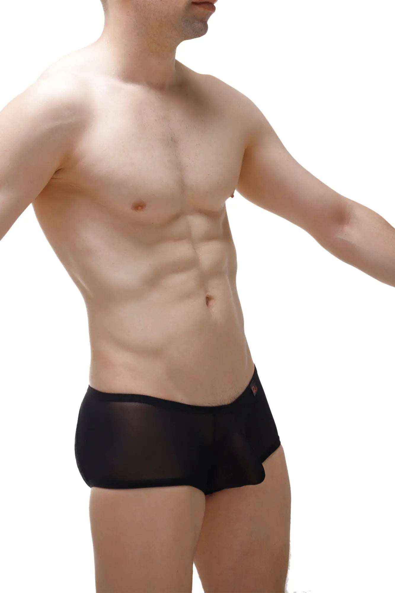 Black sheer mesh petitq boxer brief murol lace with a subtle red logo on the side
