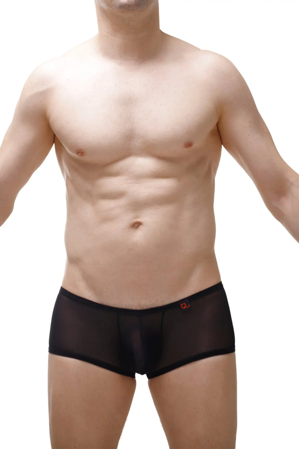 Black sheer mesh petitq boxer brief murol lace with subtle red logo on waistband