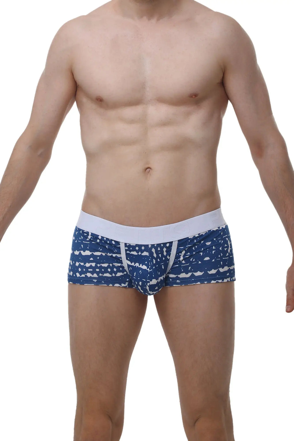 Blue and white patterned men’s briefs with solid white waistband from petitq boxer brief new denim collection