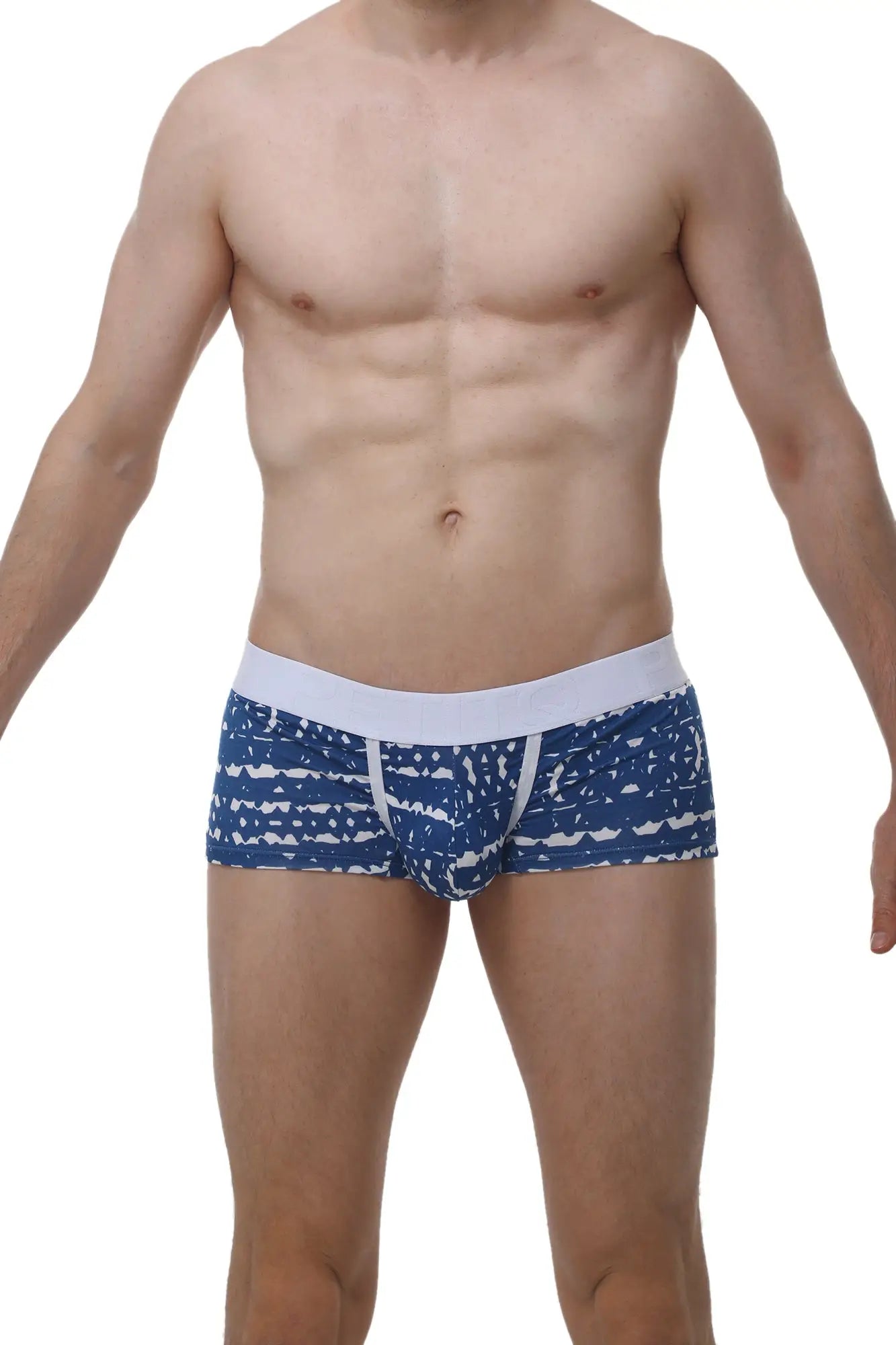 Blue and white patterned men’s briefs with solid white waistband from petitq boxer brief new denim collection