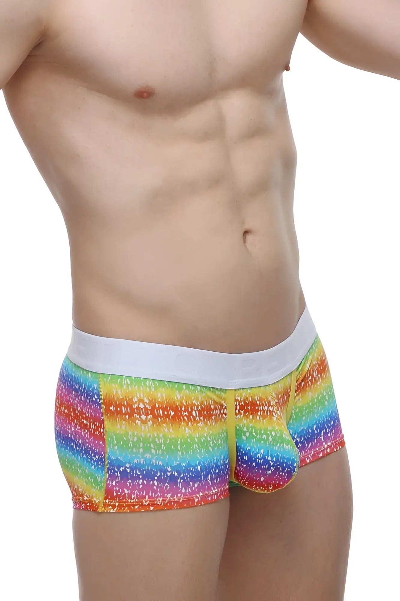 Petitq boxer brief rainbow in rainbow stripes with white elastic waistband and speckled texture for men