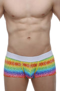 PetitQ boxer brief rainbow with rainbow stripes white waistband and yellow drawstrings men’s comfortable underwear