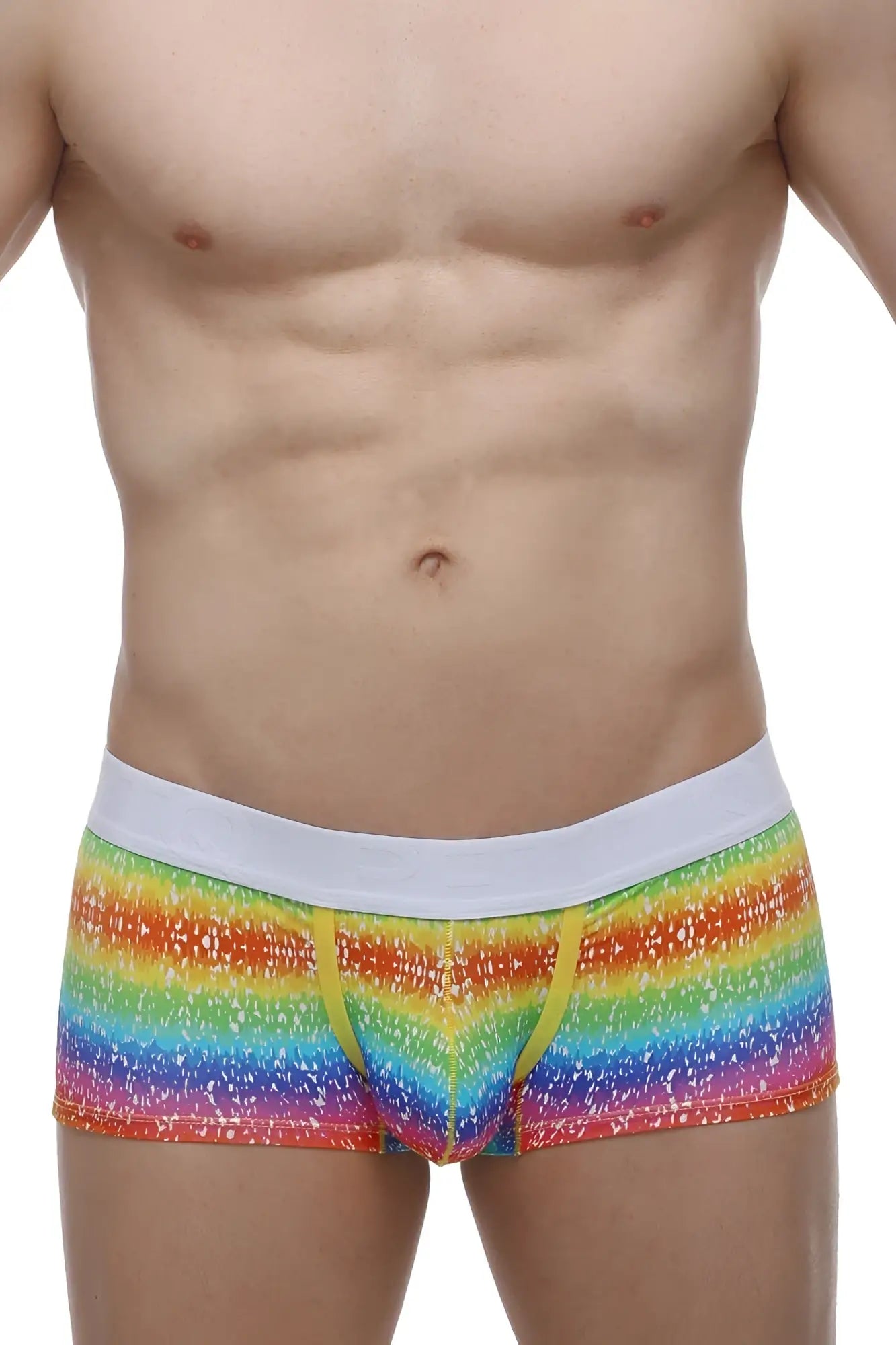 PetitQ boxer brief rainbow with rainbow stripes white waistband and yellow drawstrings men’s comfortable underwear