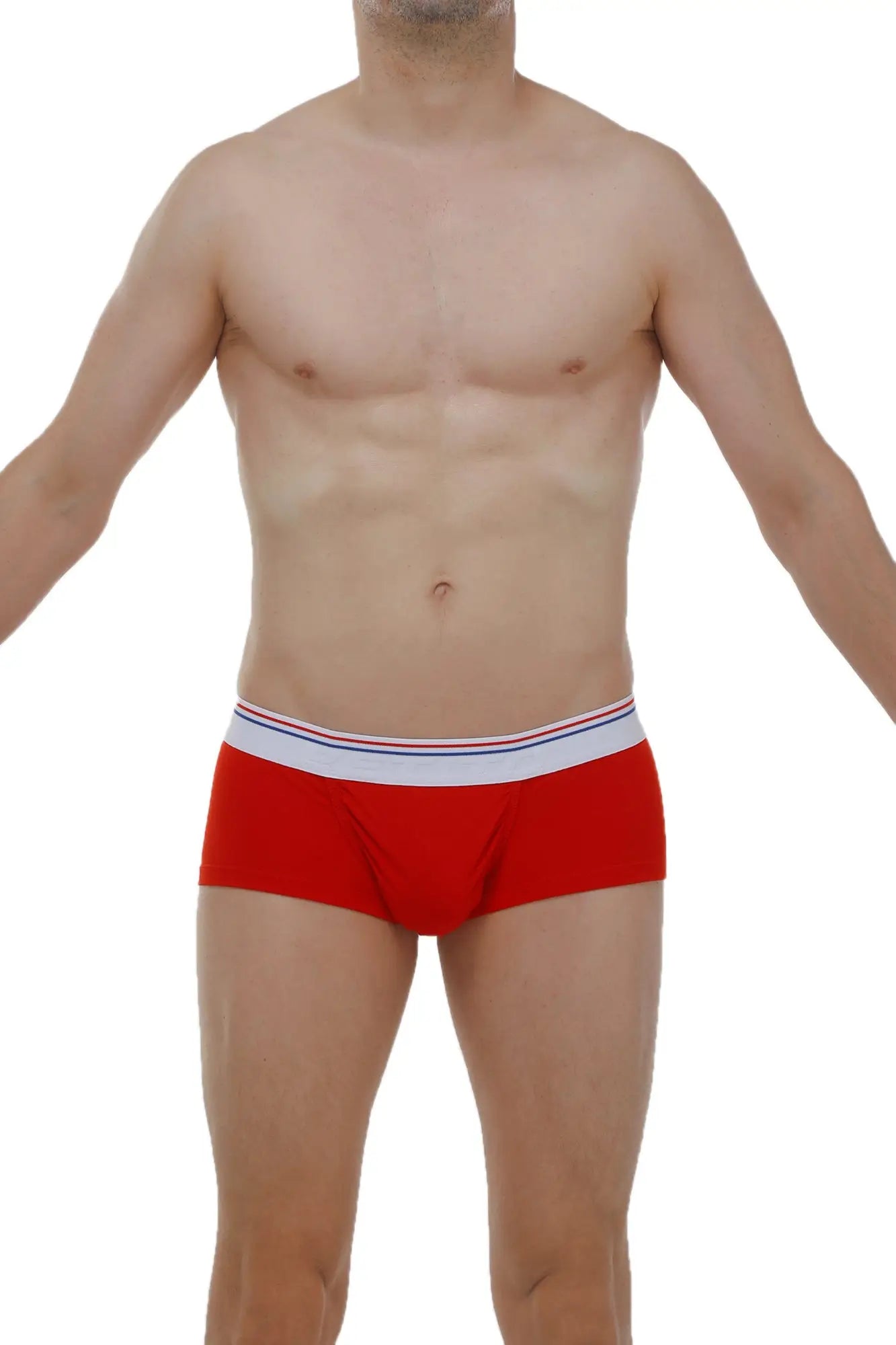 Red men’s PetitQ boxer brief taik modal with white waistband and blue and red stripes designed for comfortable wear