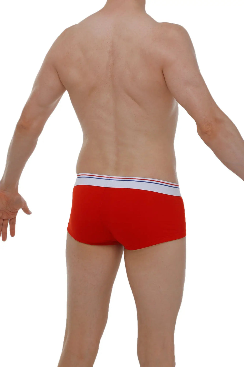Red petitq boxer brief taik modal with white waistband and thin blue and red stripes for comfortable wear