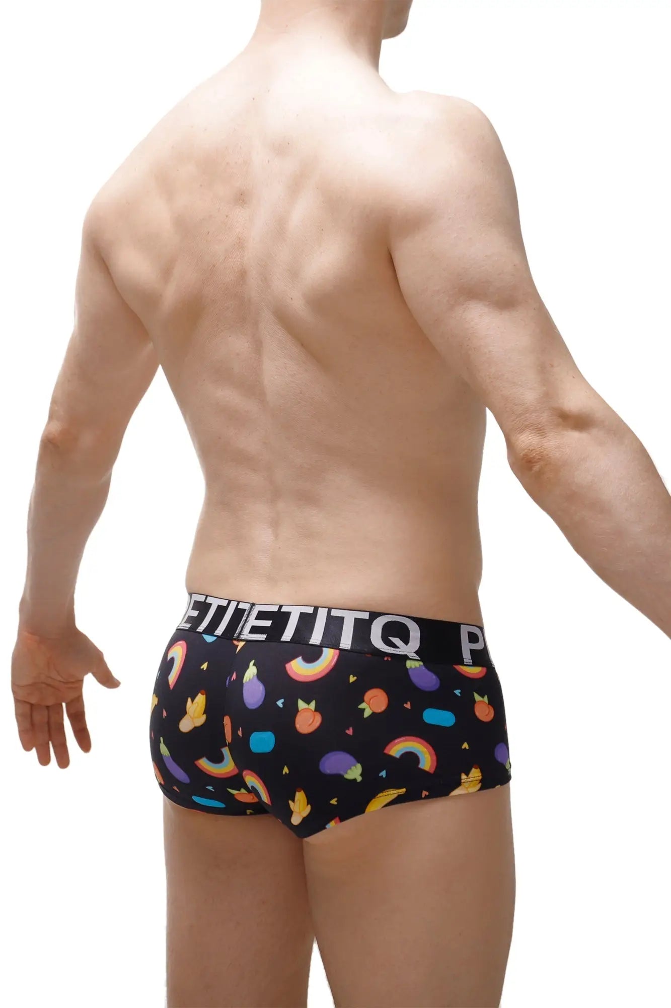 PetitQ boxer brief taik sitges black men’s briefs with colorful rainbows fruits and geometric shapes pattern