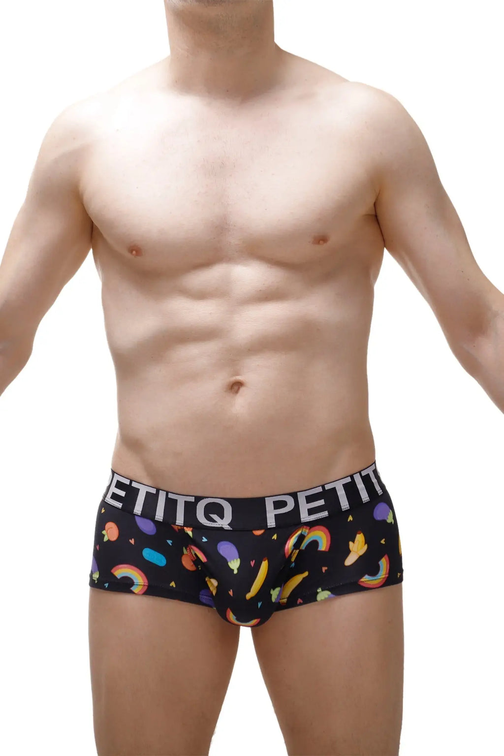 Black men’s briefs with playful rainbow banana balloon pattern and petitq petit branding waistband petitq boxer brief taik sitges