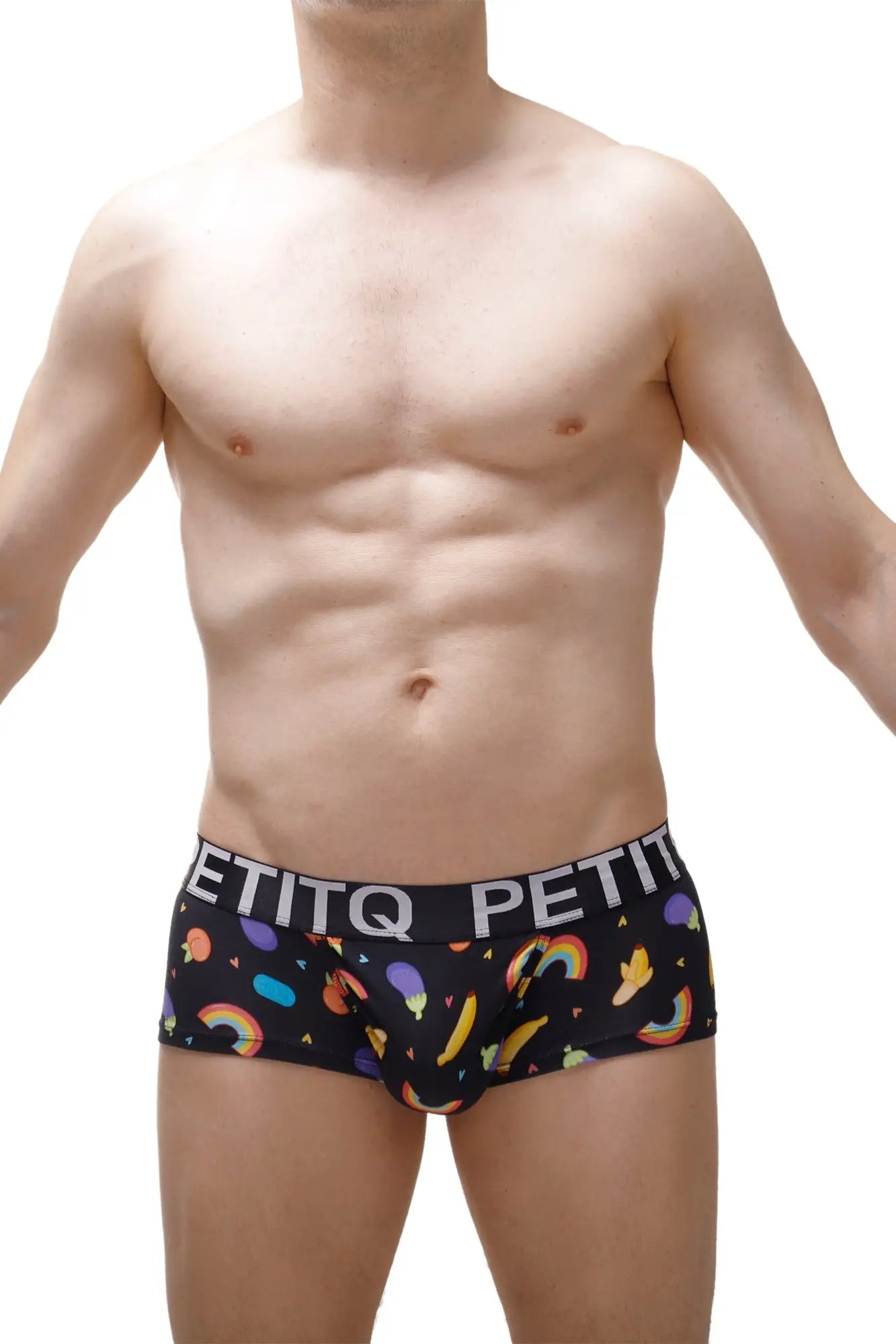 Black men’s briefs with playful rainbow banana balloon pattern and petitq petit branding waistband petitq boxer brief taik sitges