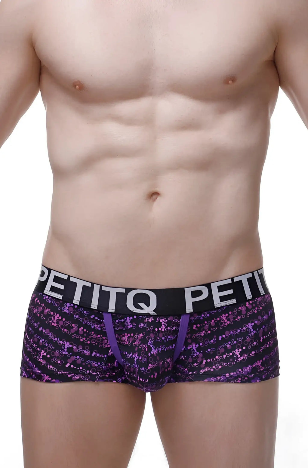 Purple and black patterned petitq boxer bulles men’s briefs with bold waistband for comfortable daily wear