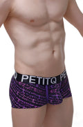 Petitq boxer bulles purple and black patterned men’s briefs with bold white logo waistband for everyday wear