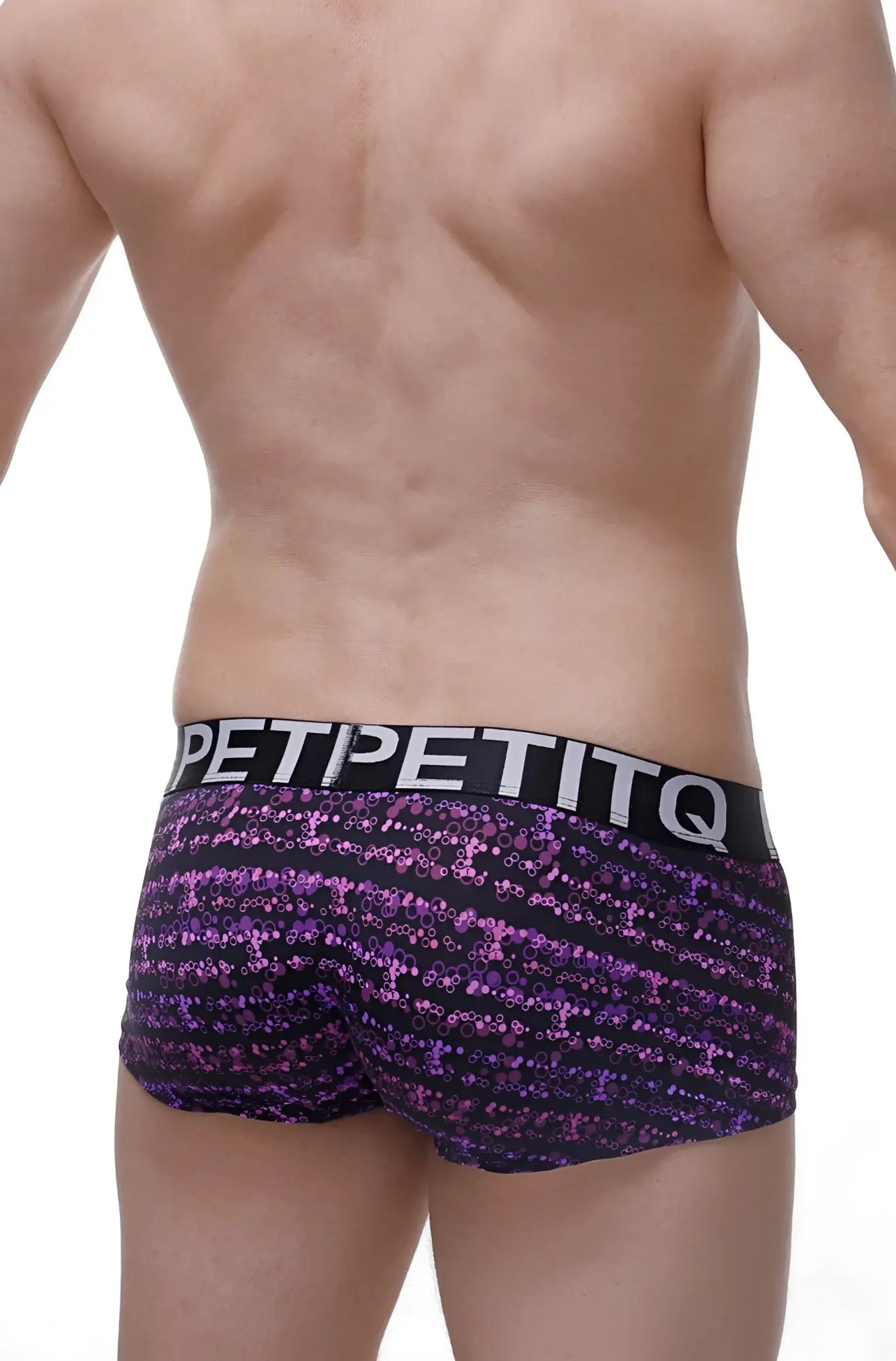 Purple and black sequined petitq boxer bulles briefs with bold petitq waistband showing front side details