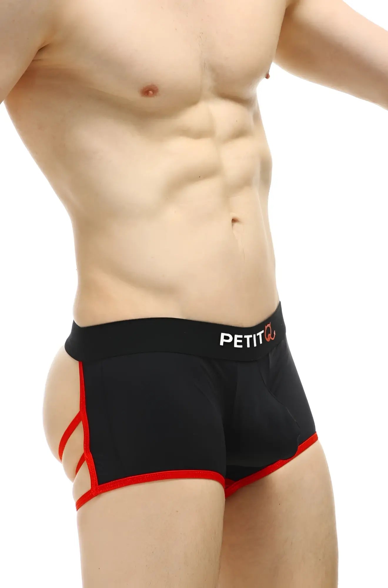 Black men’s briefs with red trim and petit logo on waistband from petitq boxer cercier black collection