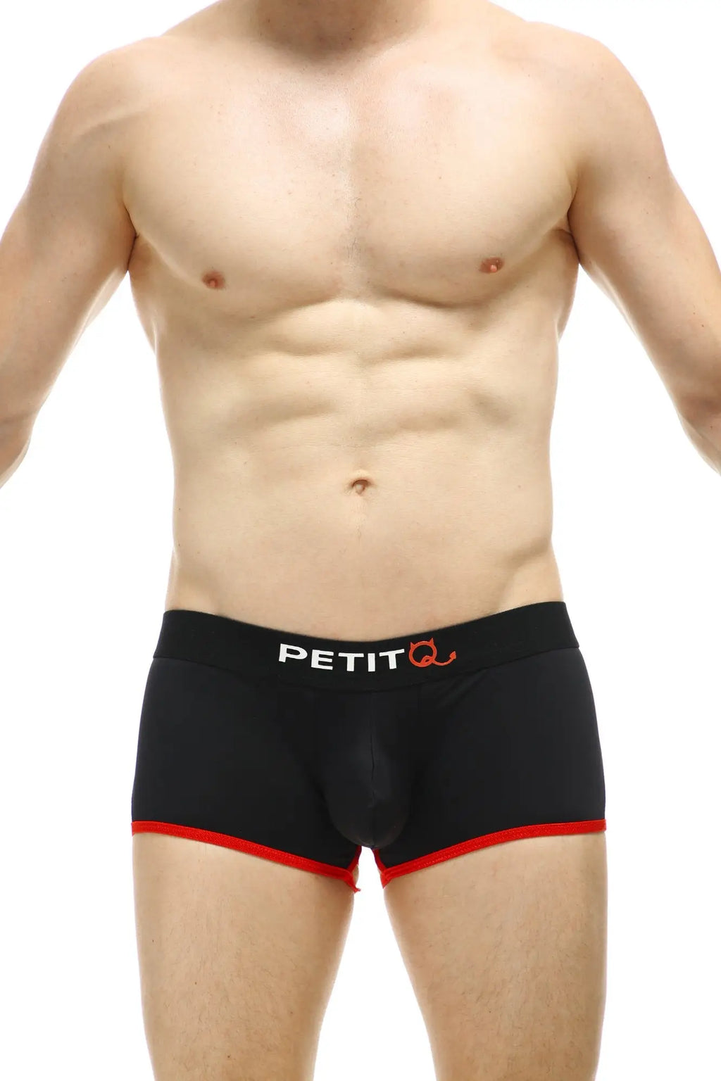 Petitq boxer cercier black men’s briefs with red trim and white petitq logo on waistband in soft cotton material