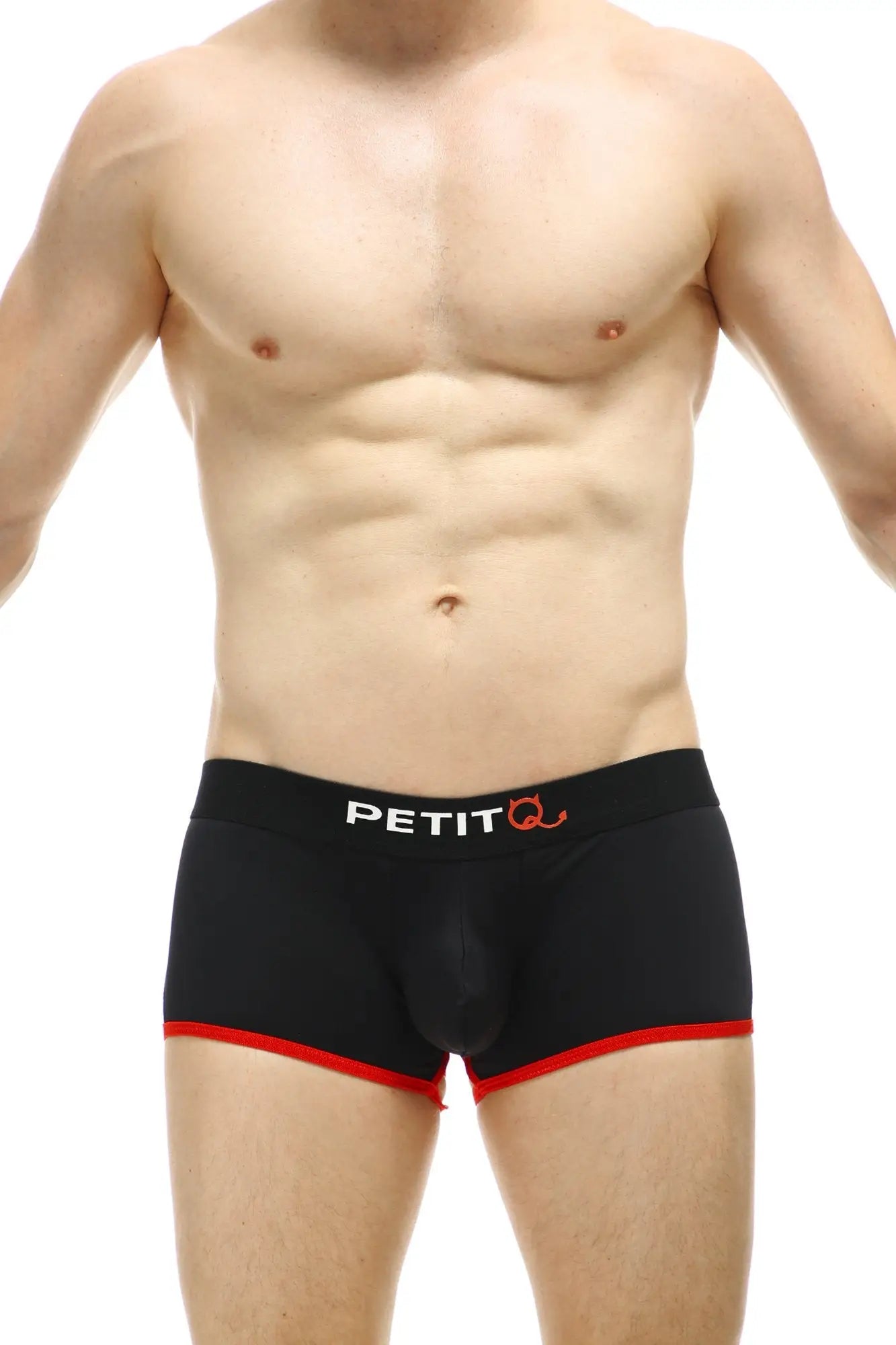Petitq boxer cercier black men’s briefs with red trim and white petitq logo on waistband in soft cotton material