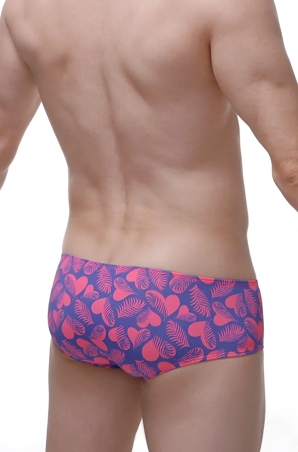 Men’s swim trunks with purple and pink heart and leaf pattern petitq boxer chill tropical hearts design