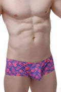 PetitQ boxer chill tropical hearts men’s briefs with vibrant pink and purple tropical leaf pattern and red logo waistband