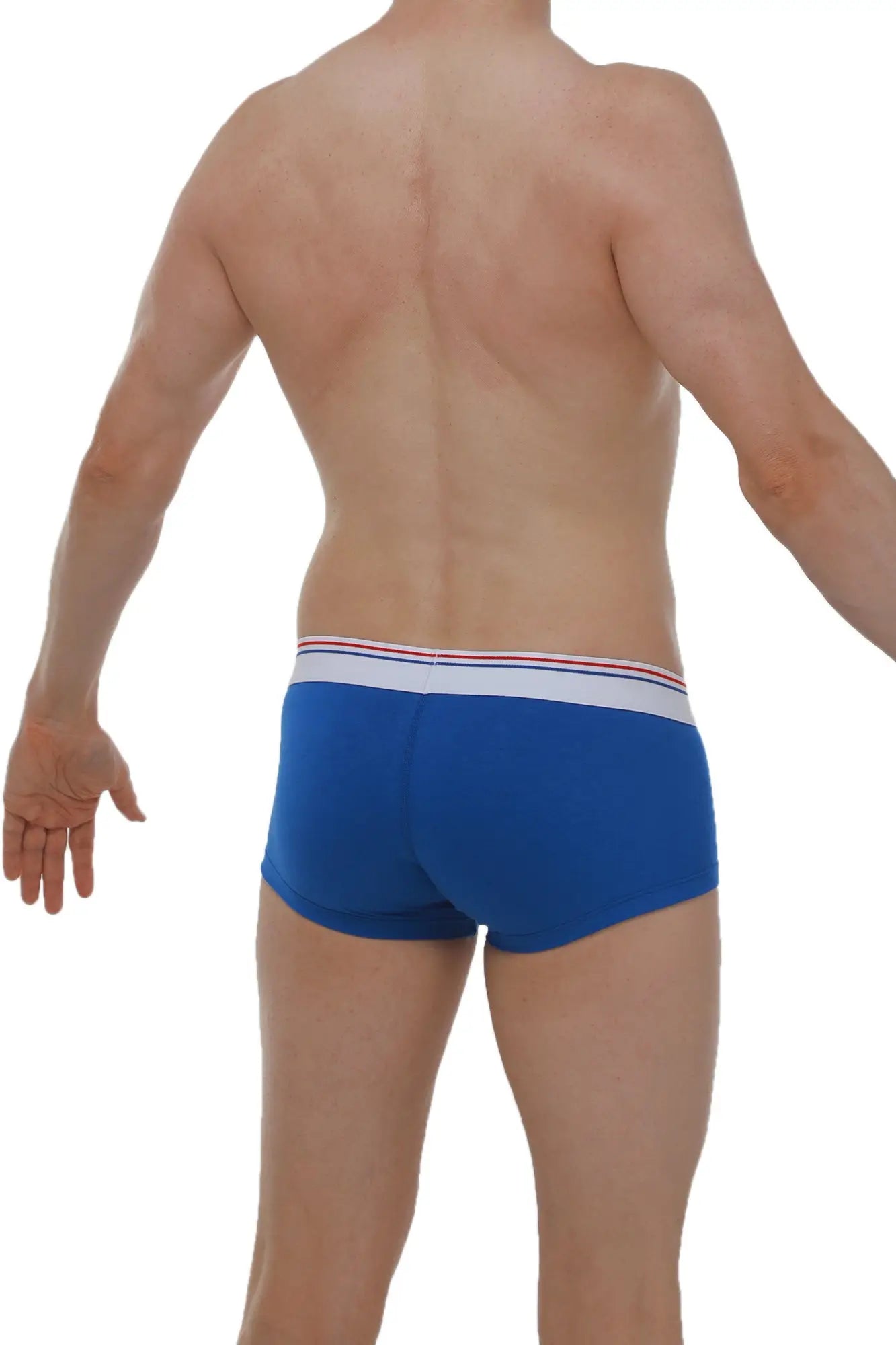 PetitQ boxer chillax modal blue mens briefs in blue with white waistband featuring thin red and blue stripes