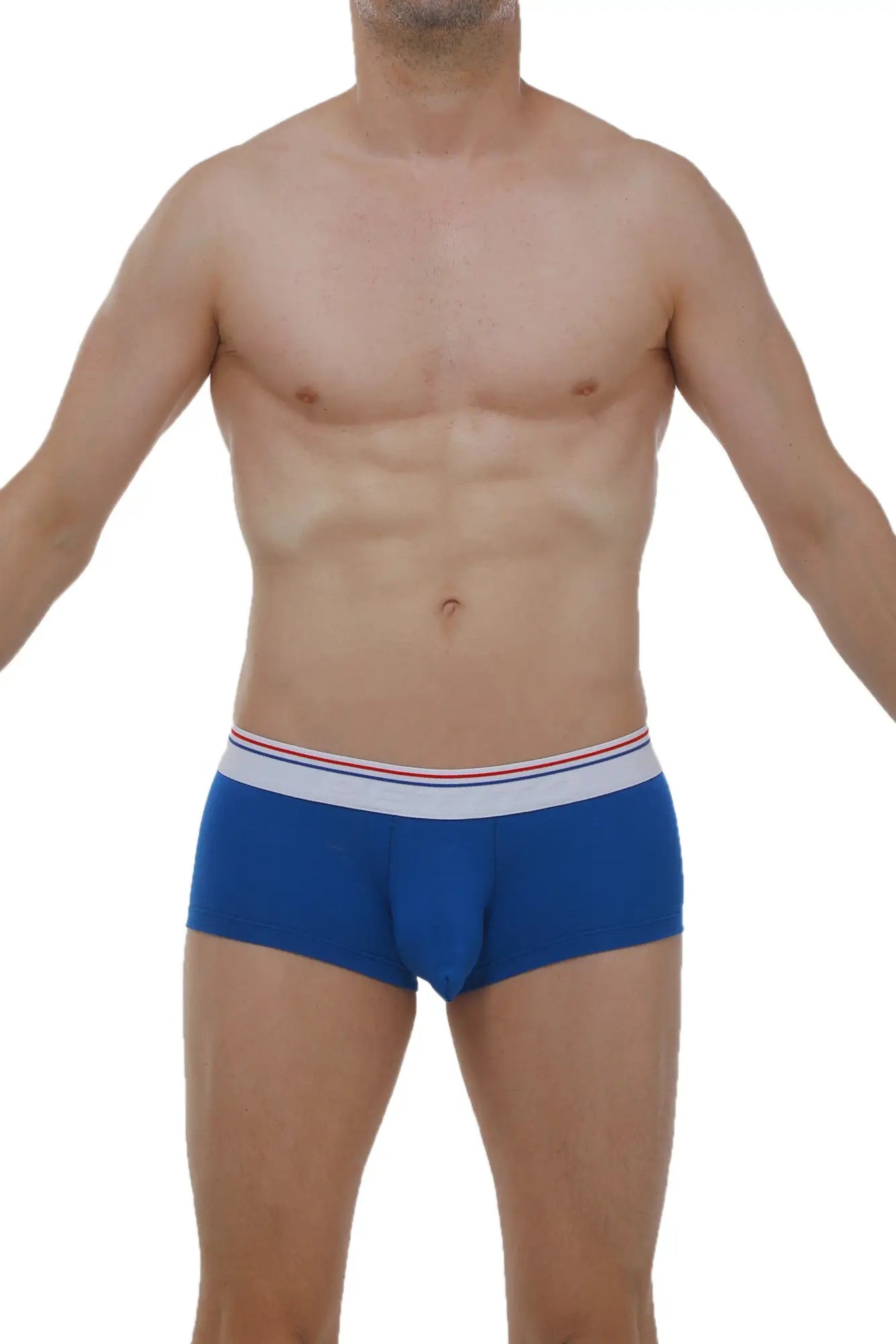 PetitQ boxer chillax modal blue men’s briefs in blue with white waistband and thin red and blue stripes