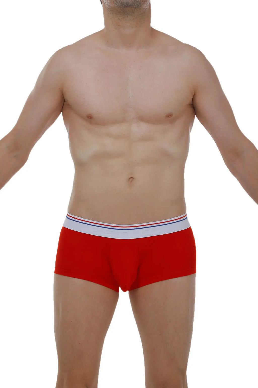 Red men’s briefs petitq boxer chillax modal with white waistband and thin red and blue stripes