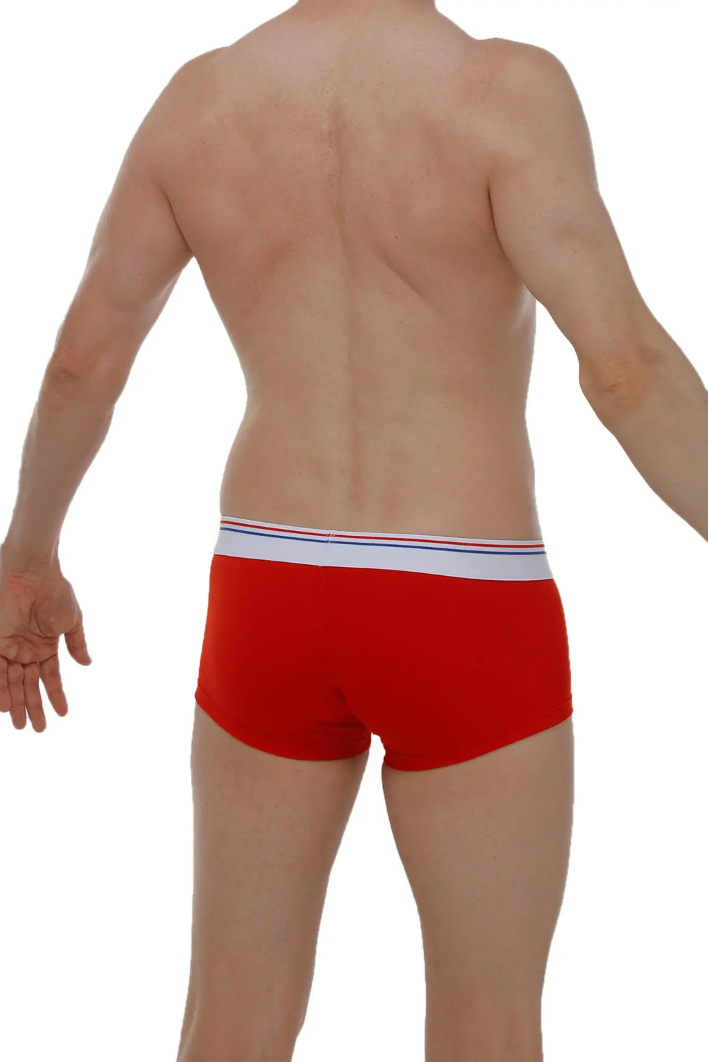 Red petitq boxer chillax modal briefs with white waistband and thin blue and red stripes detailing