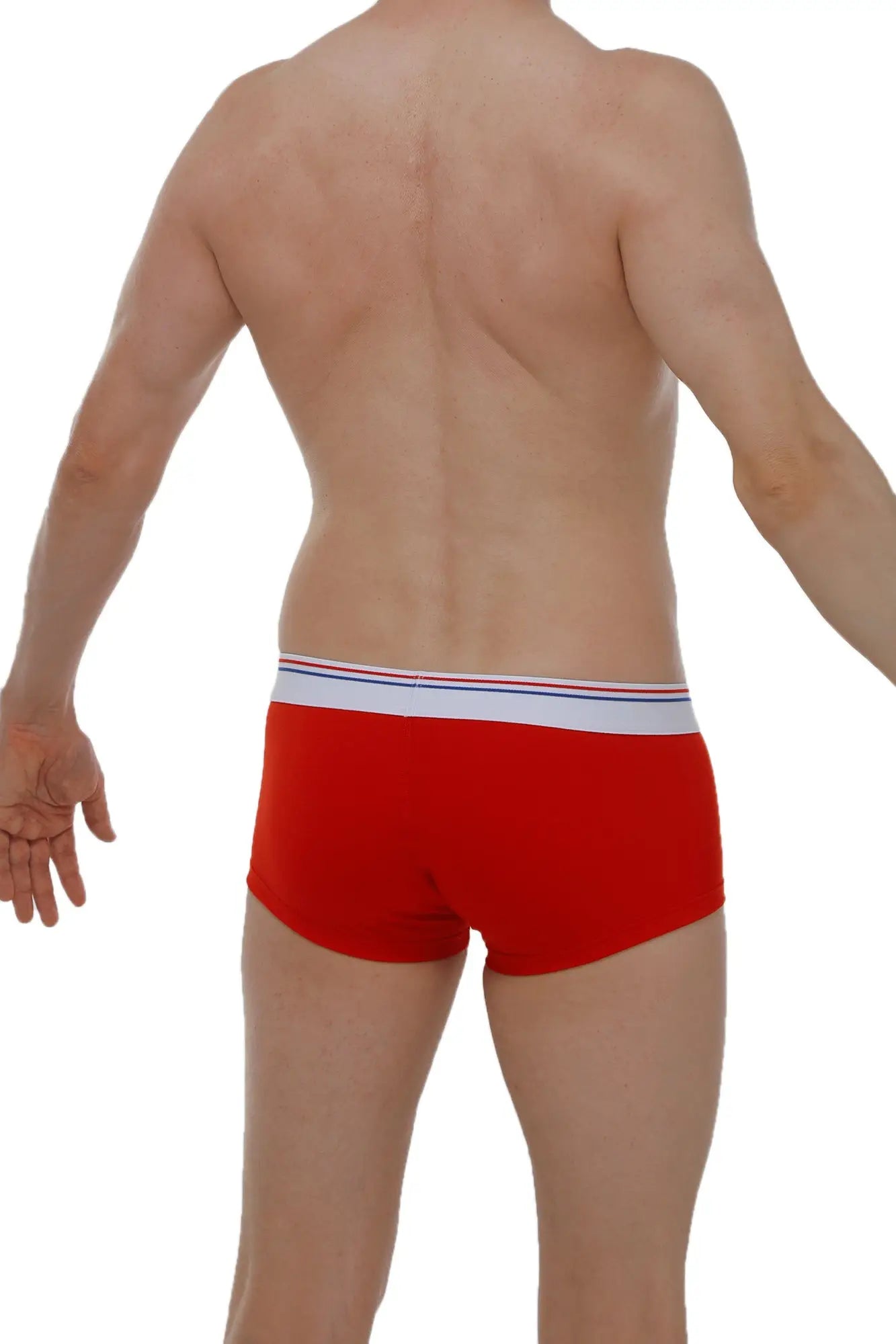 Red petitq boxer chillax modal briefs with white waistband and thin blue and red stripes detailing