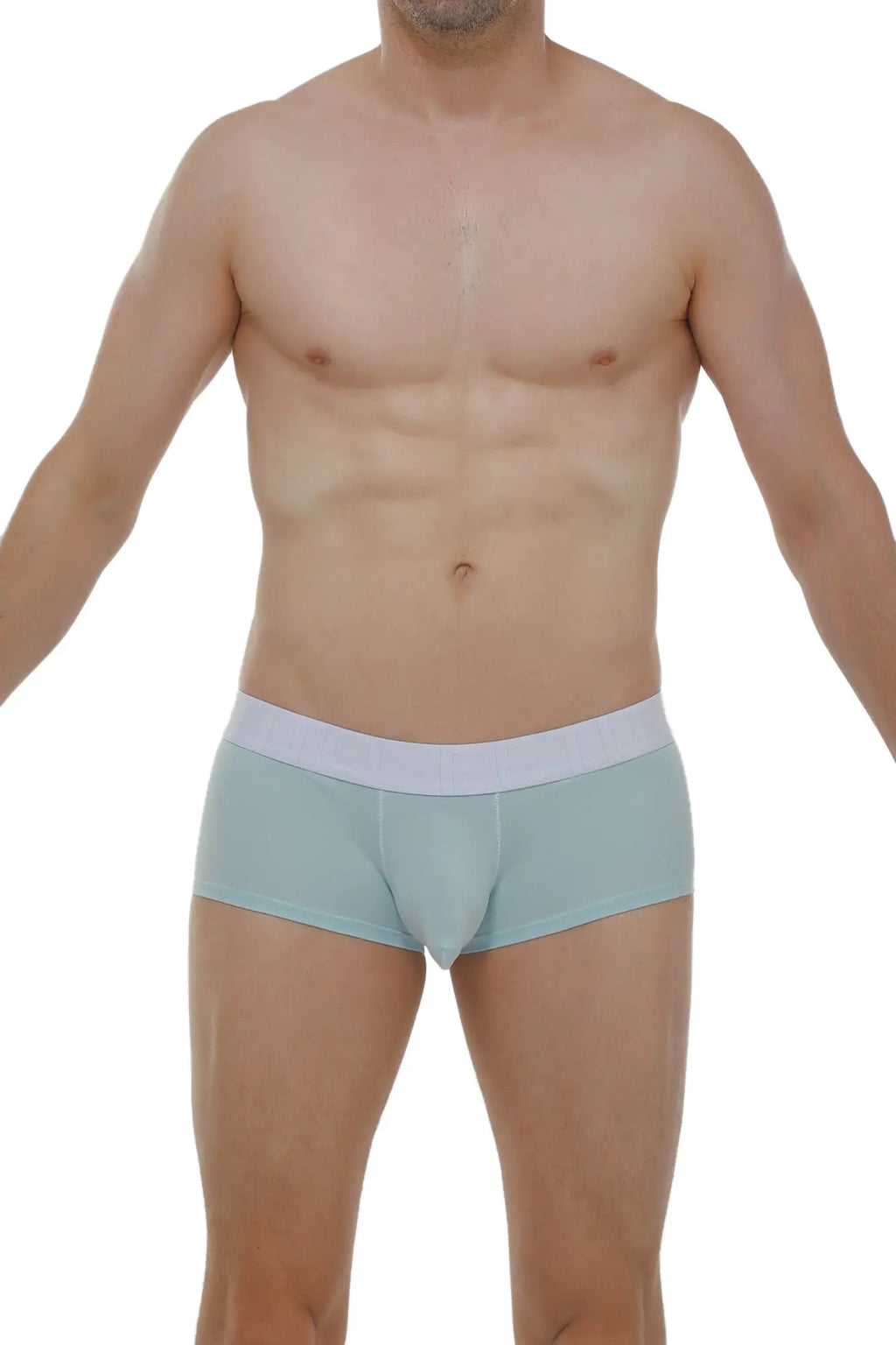 Light blue men’s PetitQ boxer briefs with white waistband made from soft modal fabric for chillax comfort