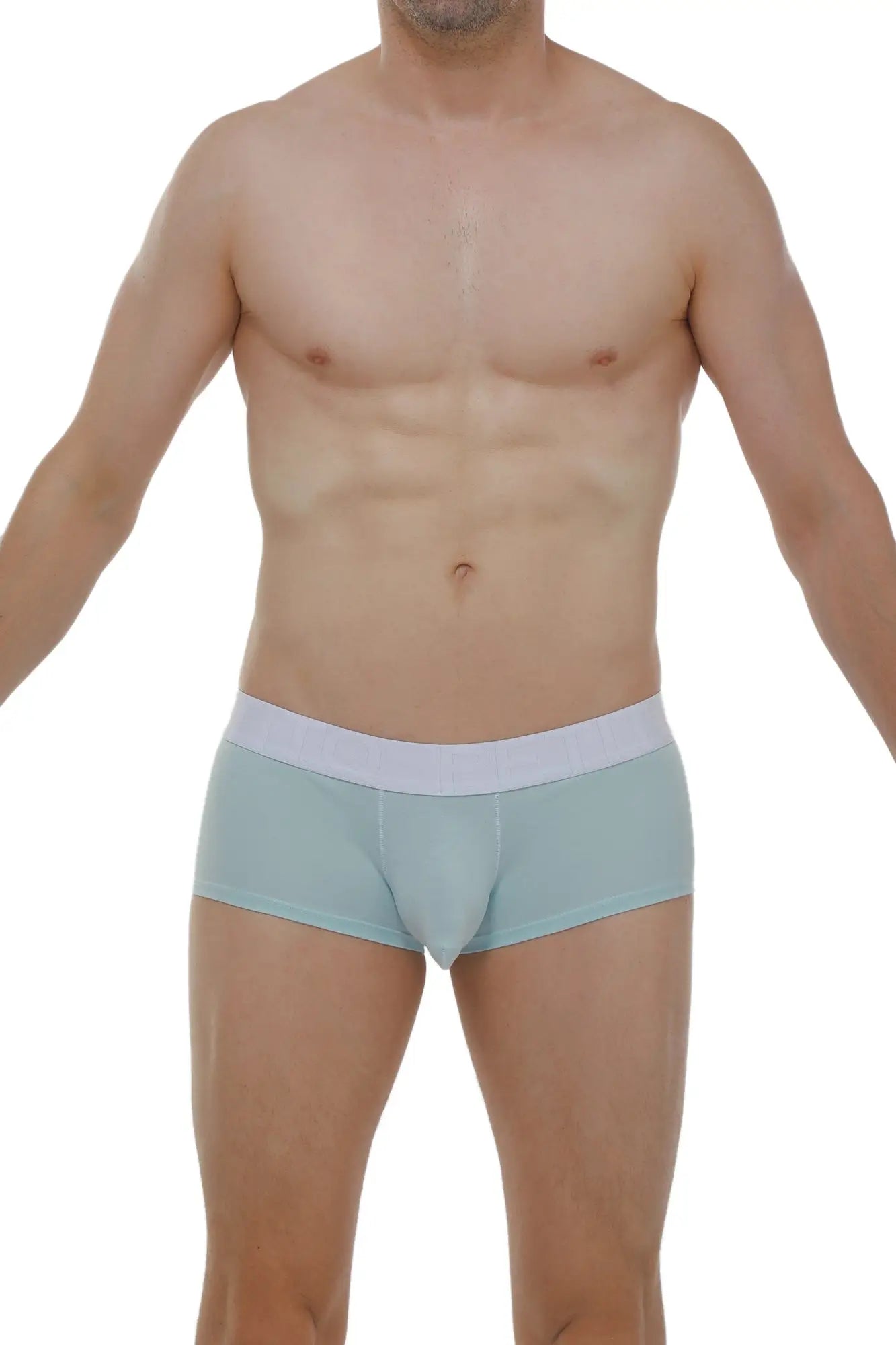 Light blue men’s PetitQ boxer briefs with white waistband made from soft modal fabric for chillax comfort