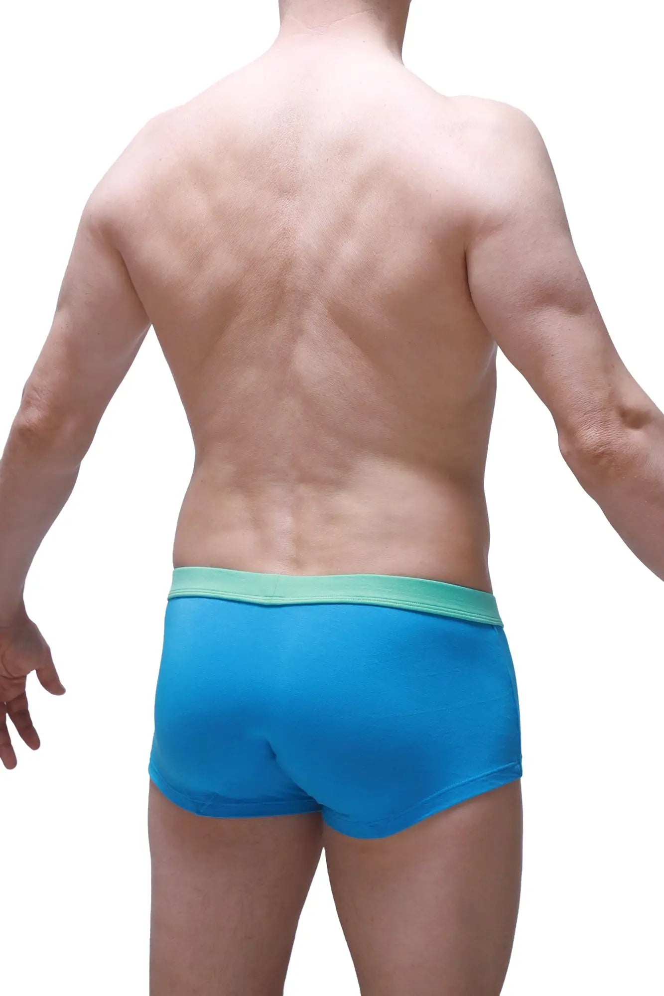 Bright blue PetitQ Boxer Colline athletic briefs with light green waistband made from bamboo for comfortable wear
