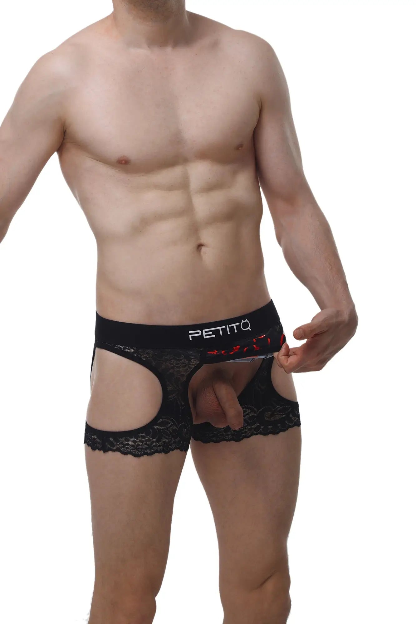 Black lace men’s boxer underwear with branded waistband by petitq featuring delicate boudoir design