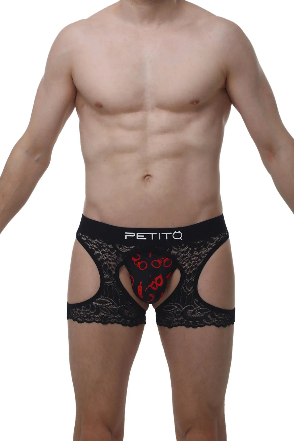 Black lace men’s boxer briefs with red heart pattern and PetitQ branded waistband in the PetitQ Corlier Boudoir style