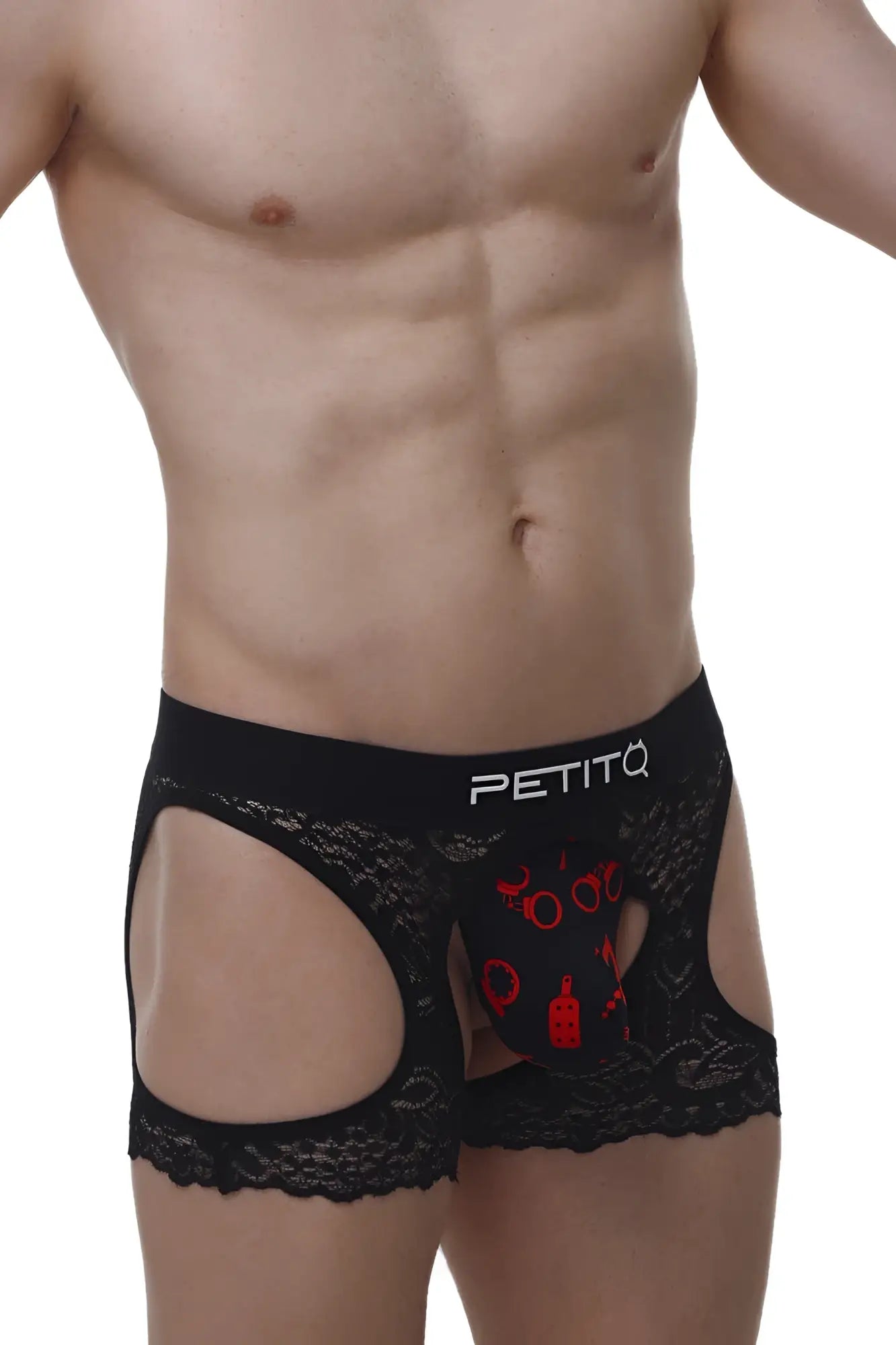 Black lace men’s boxer underwear with red graphic design and petitq branding from the corlier boudoir collection