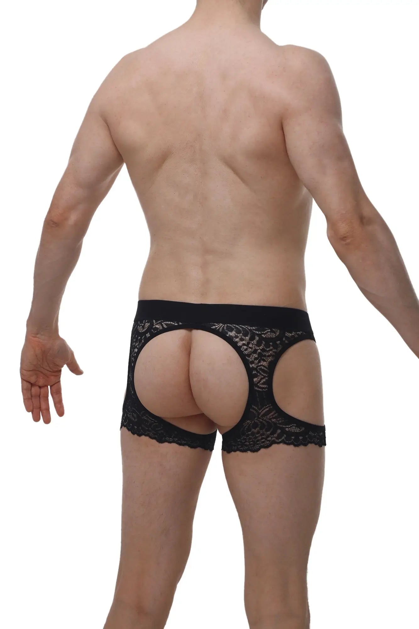 Black lace thong with cutout design by petitq for boudoir wear showing front side details