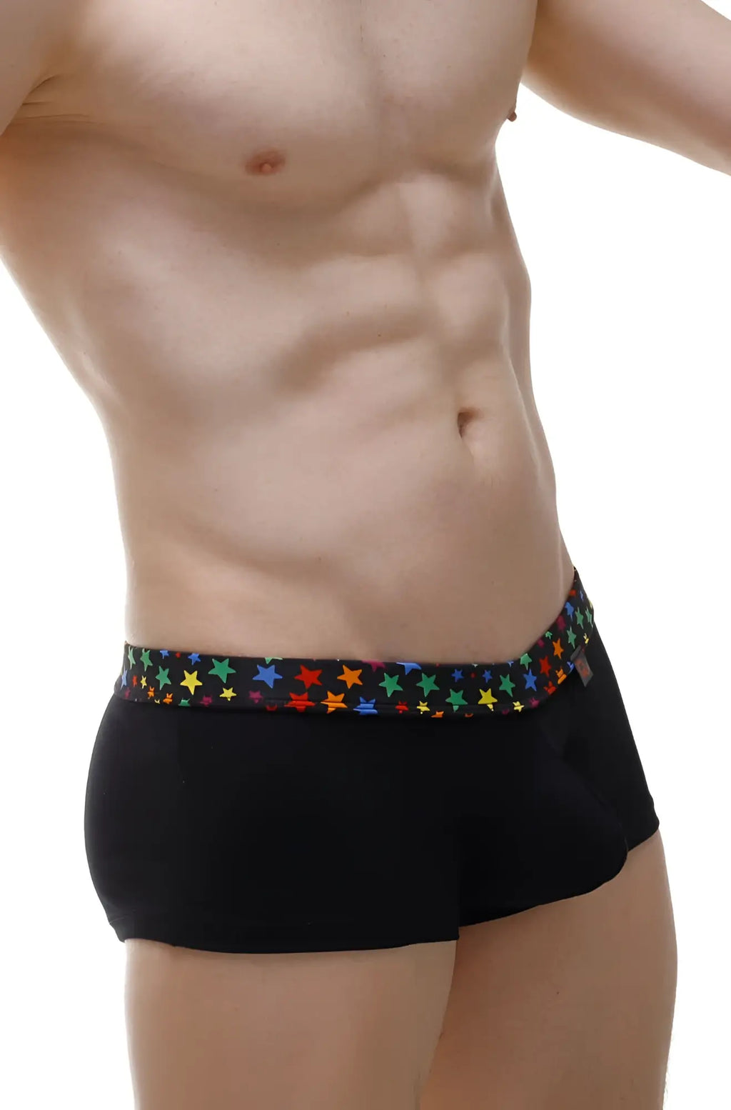 Black petitq boxer coudoux stars briefs with colorful rainbow star pattern on waistband for casual wear