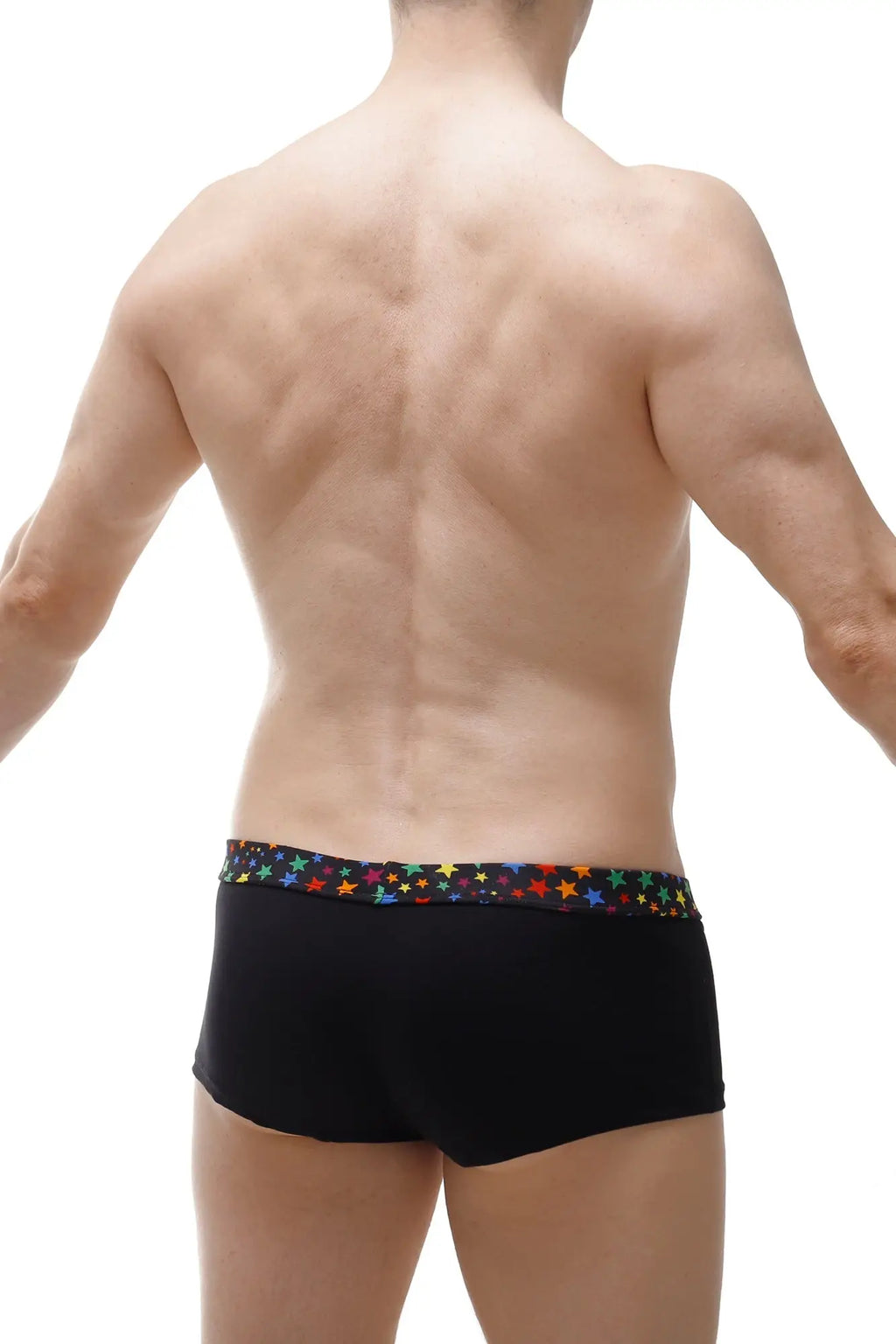 Black petitq boxer coudoux briefs with a colorful star-patterned waistband for comfortable everyday wear