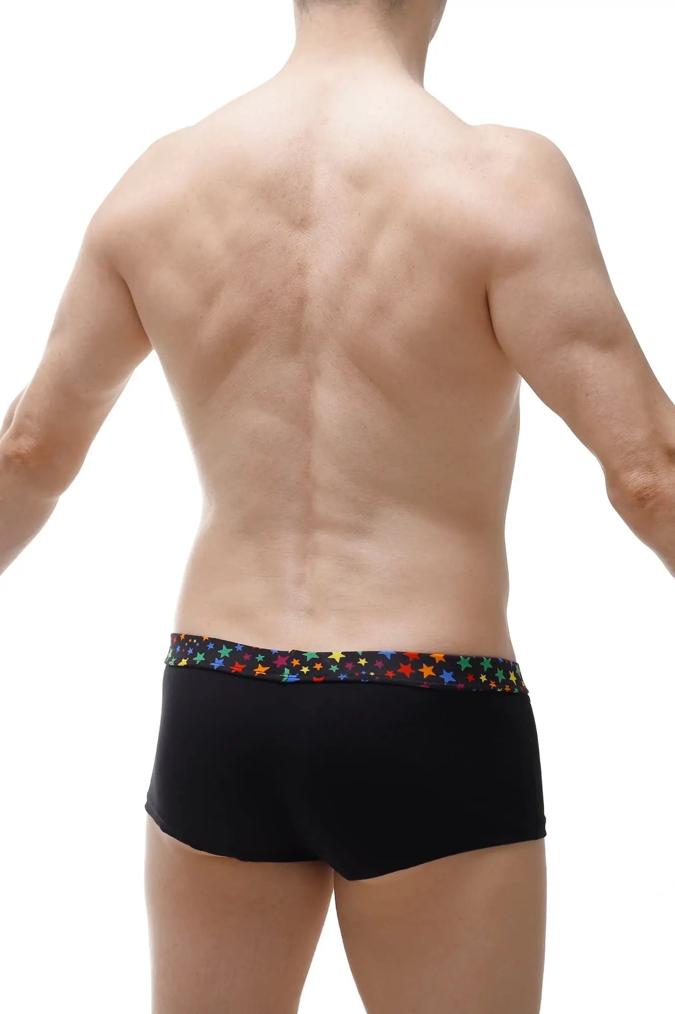 Black petitq boxer coudoux briefs with a colorful star-patterned waistband for comfortable everyday wear