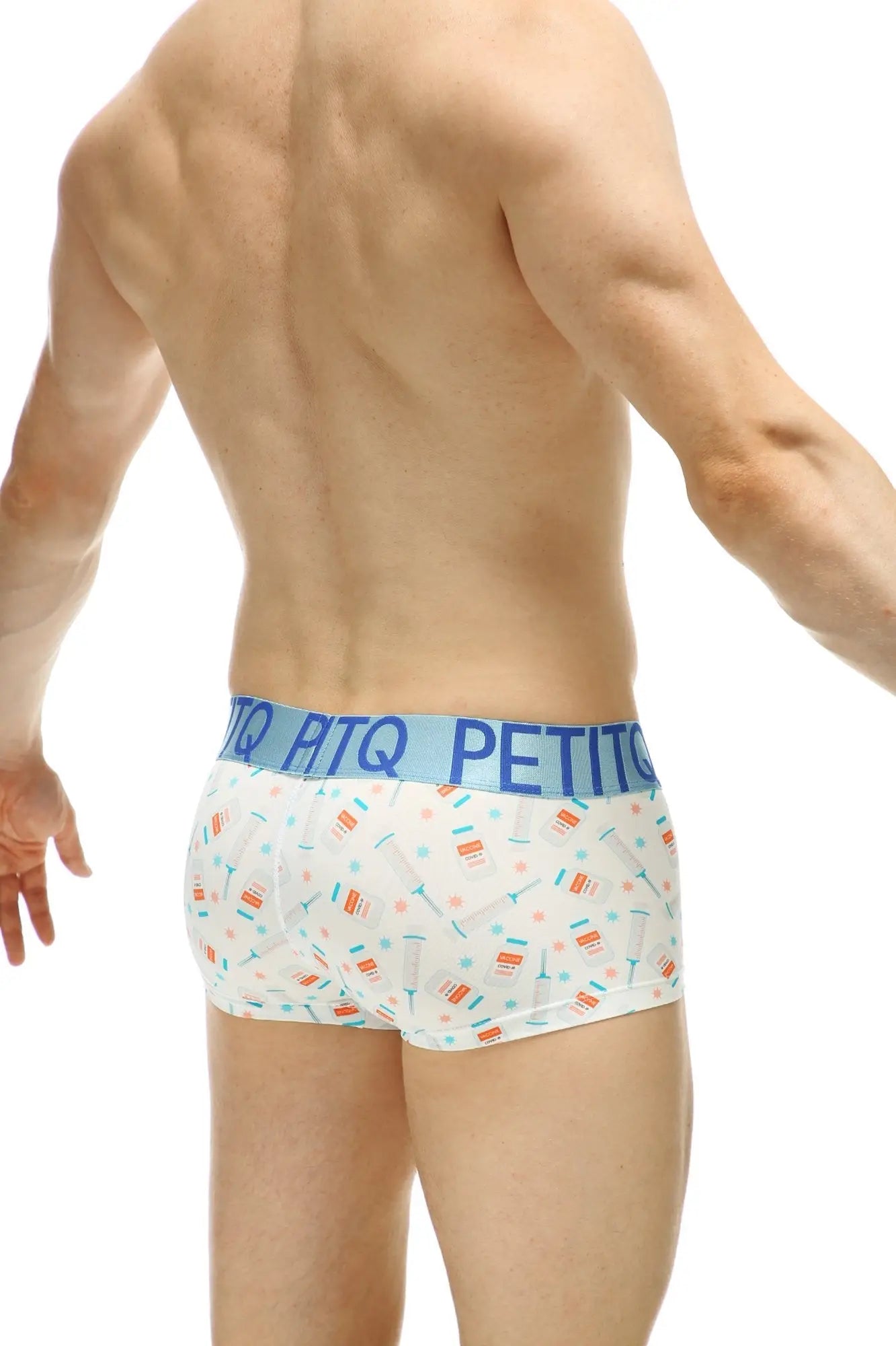 White men’s briefs with colorful candy and sprinkles pattern and a light blue petitq waistband from PetitQ Boxer Covid Vaccine